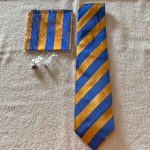 Blue & Gold (Delaware Colors) Stripe Men's Tie Set Pocket Square & Cufflinks